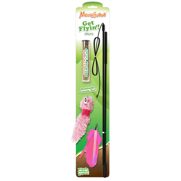 Meowijuana Get Flyin' Wiggly Wonder Worm Refillable Catnip Teaser Wand Cat Toy