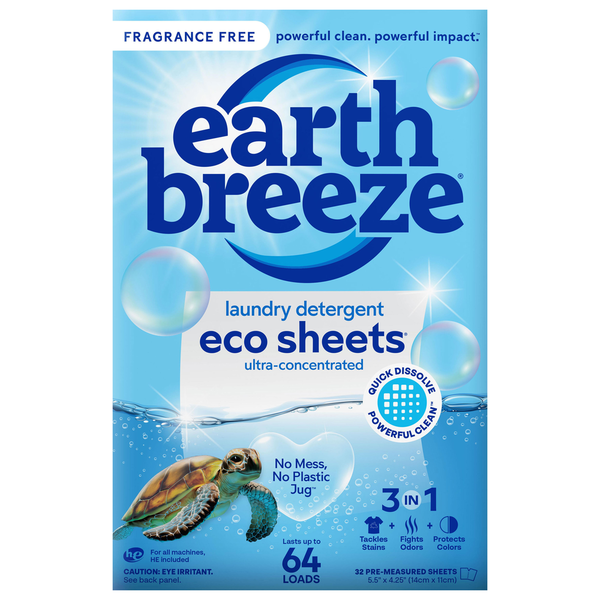 Earth Breeze Laundry Detergent Eco Sheets, Fragrance Free, 64