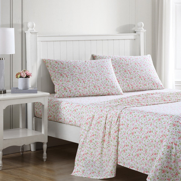 Laura Ashley Norella 4-Piece Sheet Set, Queen - Pink/Green
