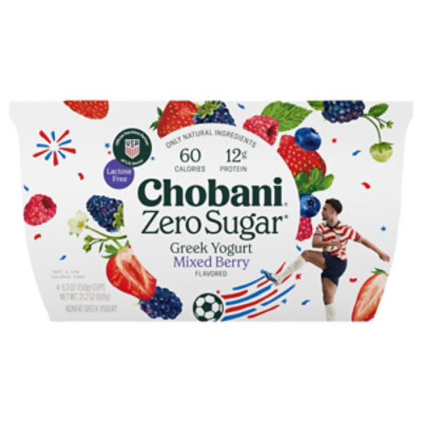 Chobani Yogurt, Greek, Nonfat, Zero Sugar, Mixed Berry Flavored