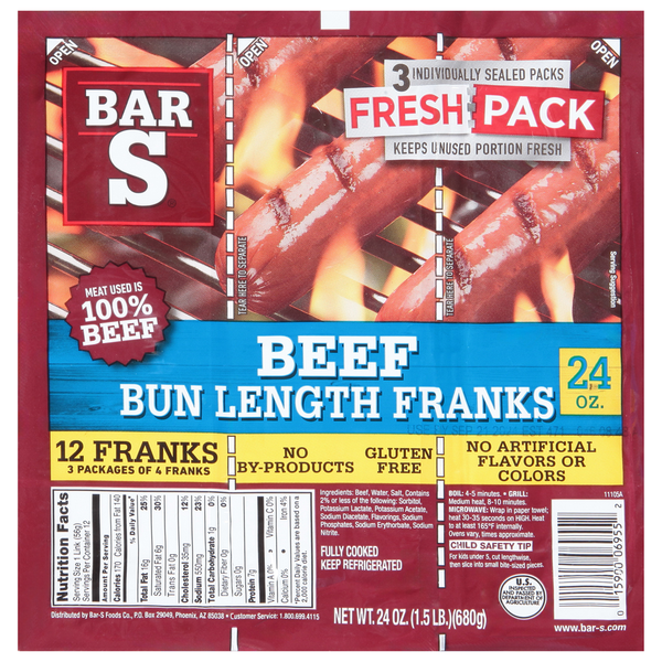 Bar-S Bun Length Franks, Beef, Fresh Pack