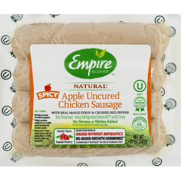 Empire Kosher Chicken Sausage, Natural, Apple, Uncured, Spicy (12 oz