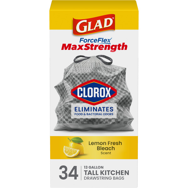 Glad ForceFlex MaxStrength Drawstring Kitchen Trash Bags, Lemon Fresh Bleach - 13 Gal