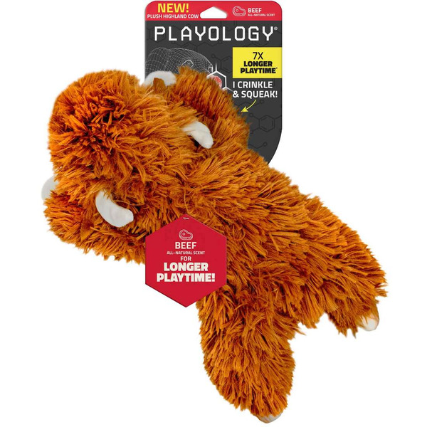 Playology Highland Cow Beef Scent Squeaker Plush Dog Toy, Small - Brown