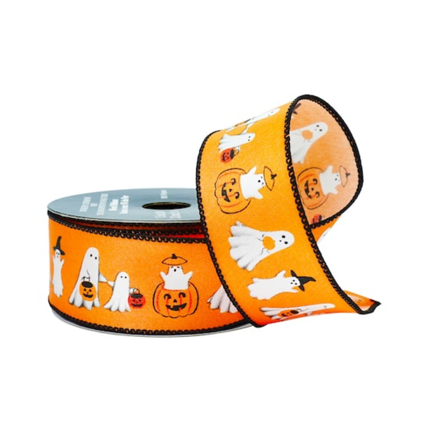 Celebrate It Orange Ghosts & Jack-o'-Lanterns Wired Ribbon, 1.5 in