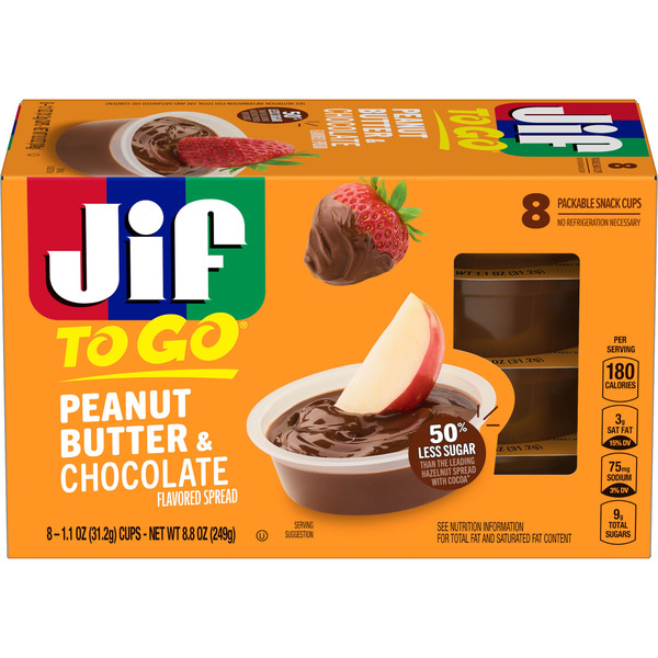 Jif To Go Peanut Butter & Chocolate Flavored Spread, 8 Single-Serve Cups, Each