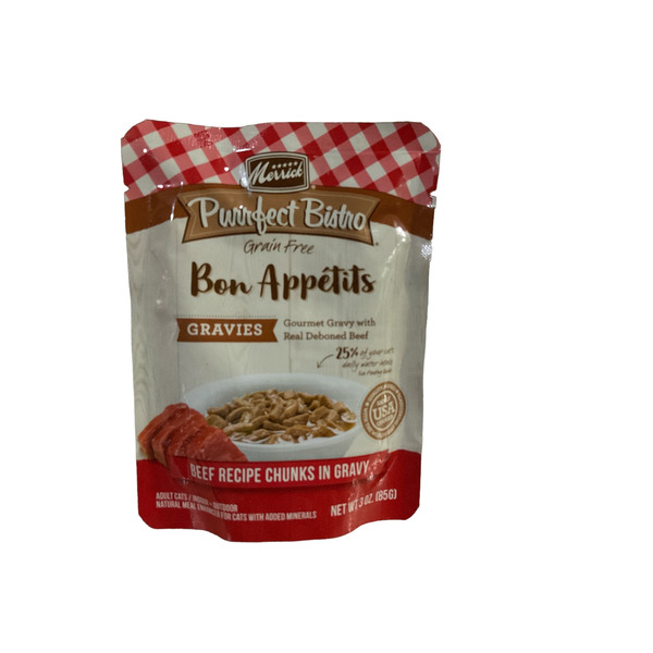 Merrick Purrfect Bistro Bon Appetits Premium Grain Free Wet Cat Food Topper, Beef Recipe Chunks In Gravy