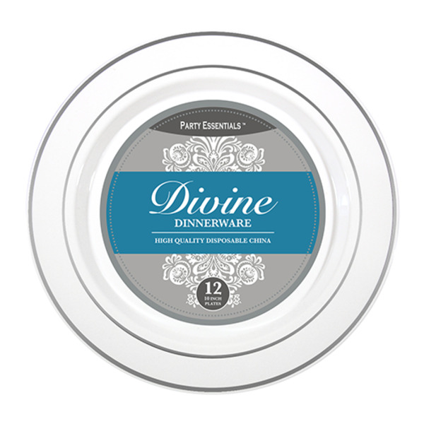 Party Essentials - 10" White Plate w/ Silver Rim, 12 Ct
