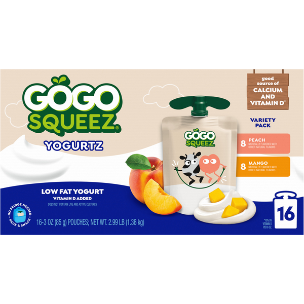 GoGo Squeez YogurtZ, Variety Pack, Peach, Mango, 16 Pack