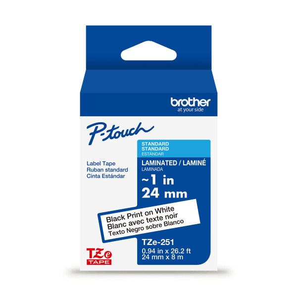 Brother P-touch TZe251 Laminated Label Tape, 0.94 in x 26.2 ft - Black & White