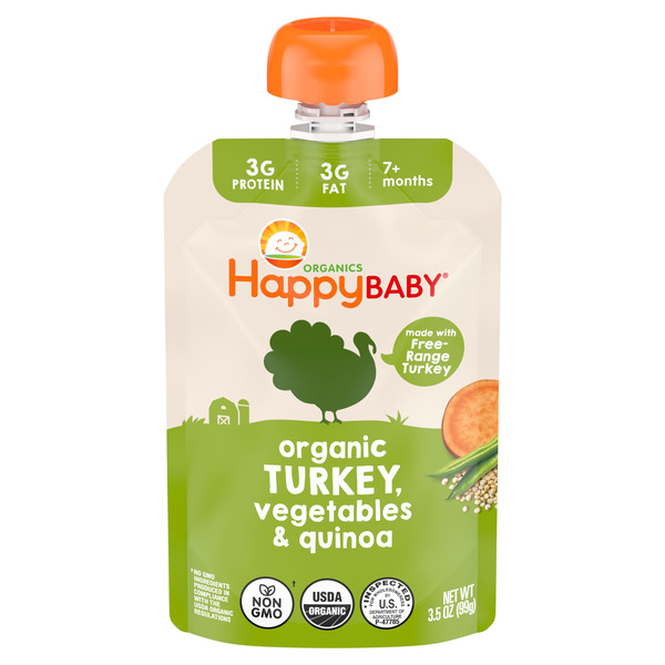 Happy Baby Organics Organics Savory Blends Stage 3 Baby Food Puree, Free-Range Turkey, Harvest Vegetables & Quinoa Skillet Pouches, 3.5 oz.