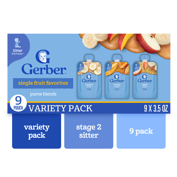 Gerber Stage 2 Baby Food Single Fruit Favorites Puree Pouches Variety Pack 9Pk