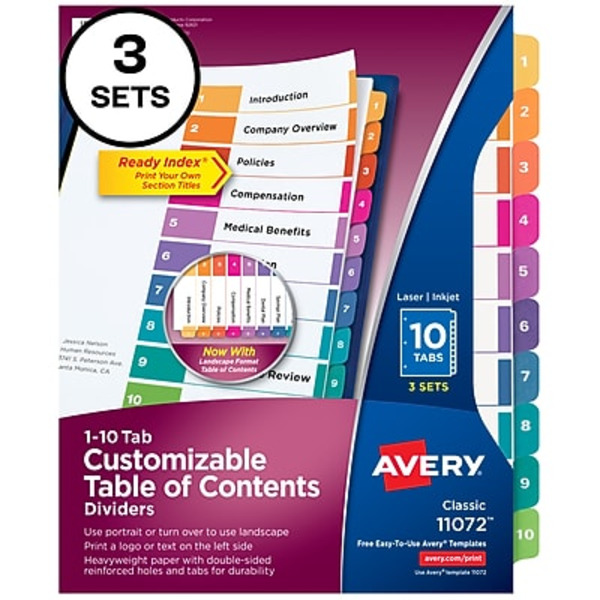 Avery 11072 White 10-Tab Customizable Table of Contents Ready Index Pre-Printed Paper Divider