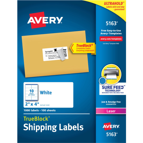 Avery 2" x 4" White 10 Labels Per Sheet Sure Feed Technology TrueBlock Laser Shipping Labels