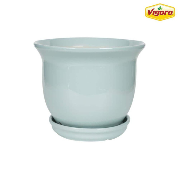 Vigoro Coralie Small Seabreeze Blue Ceramic Planter With Drainage Hole And Attached Saucer (7.9 In. L X 7.9 In. W X 6.7 In. H)