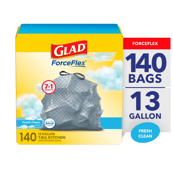 Glad ForceFlex 13-Gallon Febreze Fresh Clean White Indoor Plastic Kitchen Drawstring Trash Bag 140 -Count