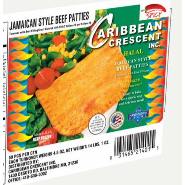 Frozen Caribbean Crescent Halal Spicy Jamaican Style Beef Patties, Unbaked - 50 ct