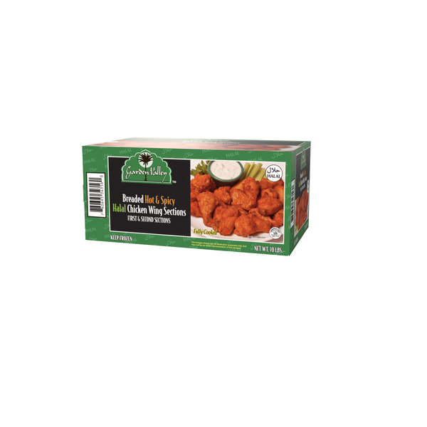 Garden Valley Breaded Hot & Spicy Halal Chicken Wing Sections, Fully Cooked - 10 lbs