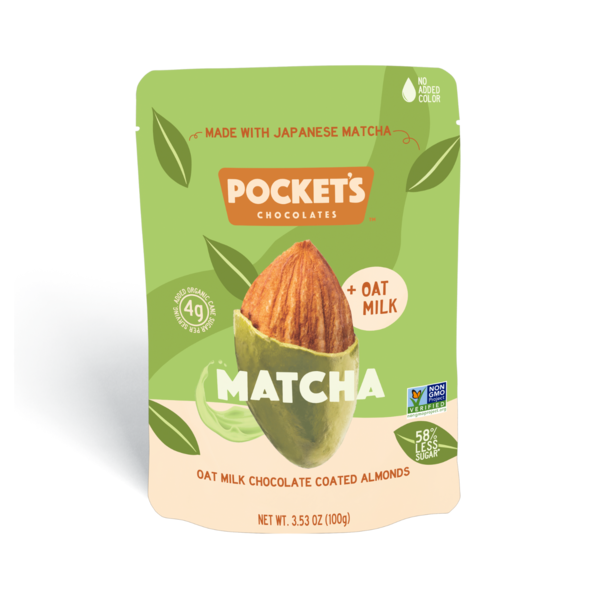 Pocket's Chocolates Oat Milk Chocolate Coated Almonds, Matcha