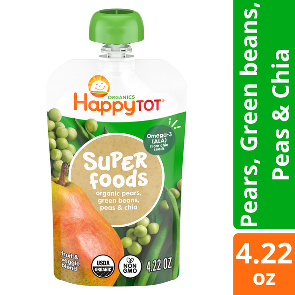 Happy Tot Organics Stage 4 Baby Food Pouches, Gluten Free, Vegan Snack, SuperFoods Fruit & Veggie Puree, Pears, Peas, Green Beans & Chia, 4.22 Ounce