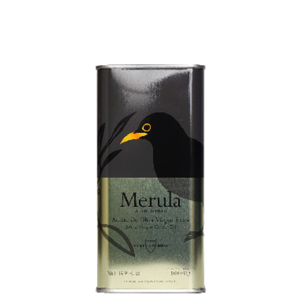 A rectangular tin of Merula Estate Extra Virgin Olive Oil with a black bird illustration and green gradient background.
