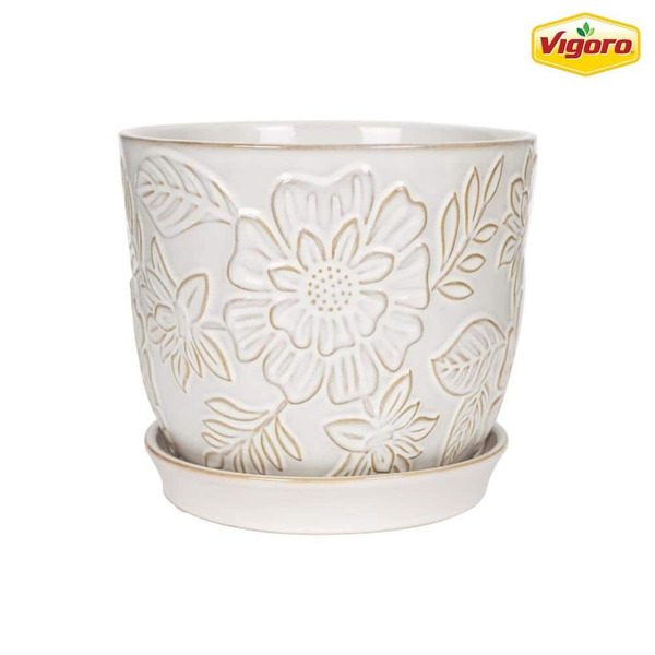 Vigoro Lorelai Medium White Floral Ceramic Planter With Drainage Hole And Attached Saucer (9.3 In. L X 9.3 In. W X 8.1 In. H)