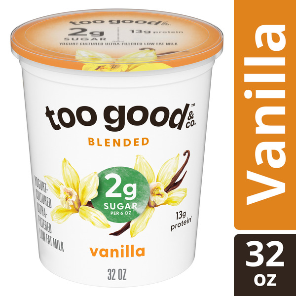 Too Good & Co. Blended Vanilla Yogurt-Cultured Ultra-Filtered Low Fat Milk Product, Smooth and Creamy Adult Snacks with 12g protein, 32 oz Tub