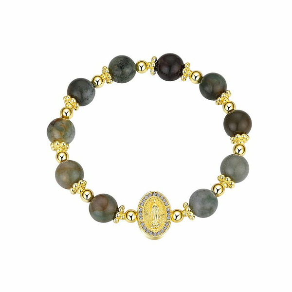 Gratitude & Grace 14k Gold Plated Crystal & Fancy Jasper Stone Virgin Mary Stretch Bracelet, Women's, Gold Tone