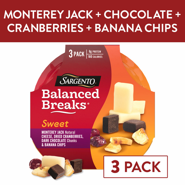 Sargento Sweet Balanced Breaks®  Monterey Jack Natural Cheese, Dried Cranberries, Dark Chocolate Chunks & Banana Chips Snack Kit, 3-Pack