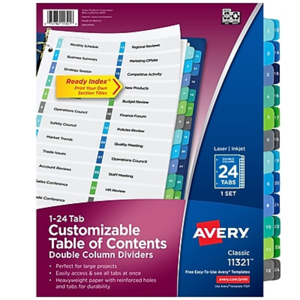 Avery Letter Size Multi-Color Title:1-24 Ready Index Two-Column Table of Contents Divider