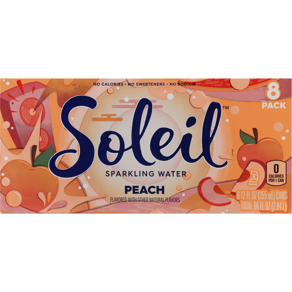 Soleil Sparkling Water, Peach, 8 Pack