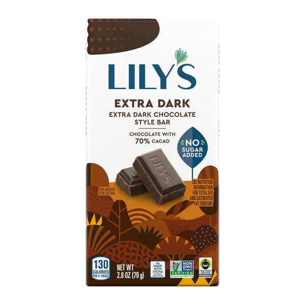 LILY'S Extra Dark Chocolate Style No Sugar Added, Sweets Bar, 2.8