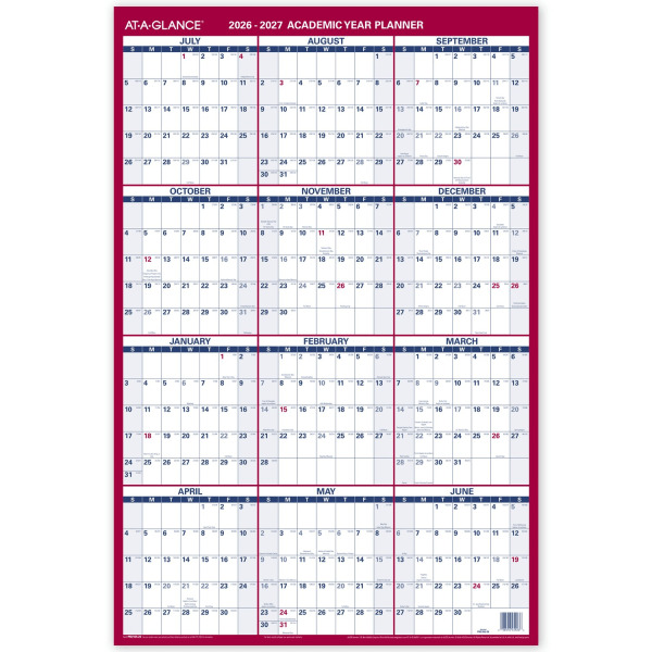 AT-A-GLANCE Vertical Reversible Erasable 2026-2027 Academic & Regular Year Wall Calendar, Large, 36 x 24 in
