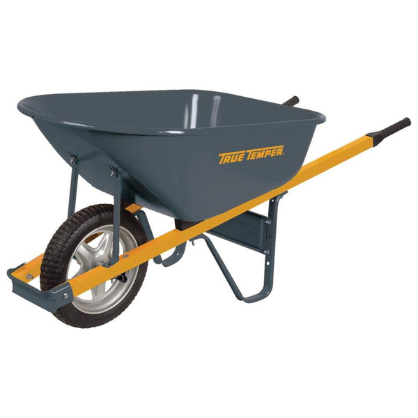 True Temper 6 Cu. Ft Steel / Metal Powered Wheelbarrow With Steel Handles, Comfort Grips And Flat Free Tire
