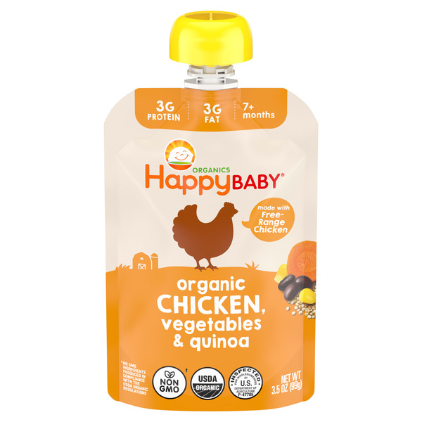 Happy Baby Organics Organics Savory Blends Stage 3 Baby Food Puree, Free-Range Chicken, Garden Vegetables & Quinoa Fiesta Pouches, 3.5 oz.