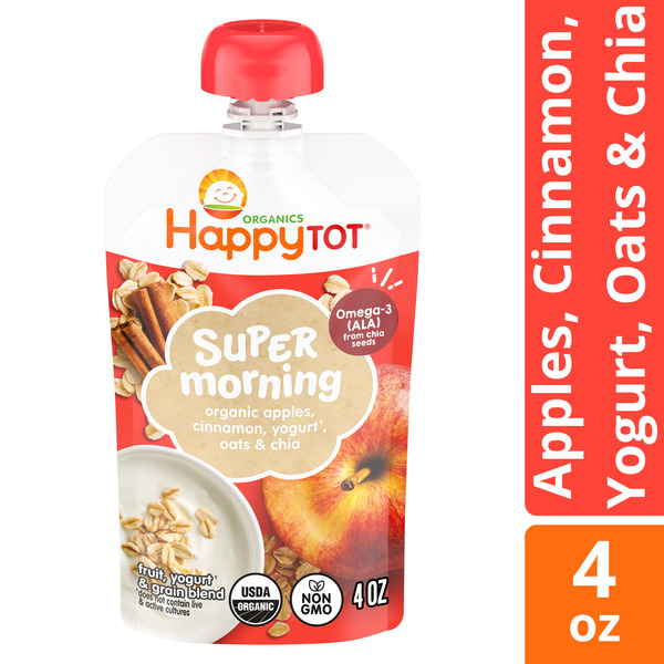 Happy Tot Organics Stage 4 Baby Food Pouches, Gluten Free, Super Morning Fruit & Oat Blend, Apple Cinnamon, Yogurt, Oats & Chia, 4 Oz (Pack of 1)