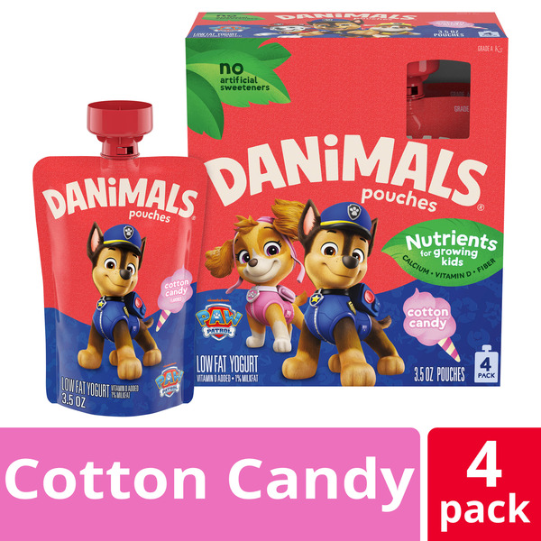 Danimals Pouches Cotton Candy Squeezable Yogurt, Creamy and Delicious Low Fat Yogurt Snacks for Kids, 4 Ct, 3.5 oz Yogurt Pouches​​