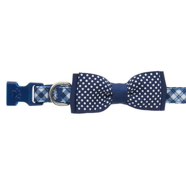 Top Paw Plaid Adjustable Dog Collar With Bow Tie - Blue