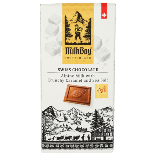 Milkboy Chocolate Alpine Milk With Crunchy Caramel And Sea Salt Swiss Chocolate Bar