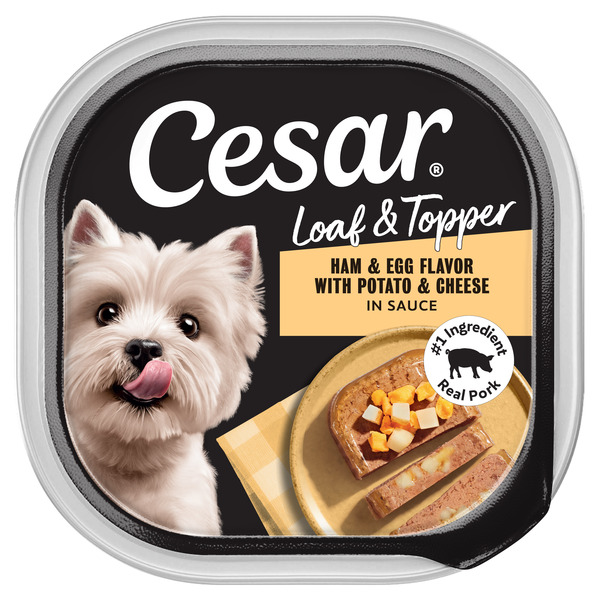 Cesar Loaf & Topper in Sauce Wet Dog Food Ham & Egg Flavor with Potato, 3.5 oz. Tray