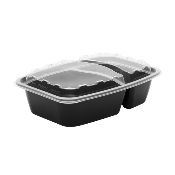 CuBEware 28 Oz Black 2-compartment Rectangular Microwavable Plastic Container with 2-compartment Lid, 8.30"x5.80"x2.10", 150 Ct