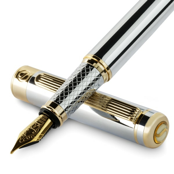 Scriveiner Medium Point Classic Fountain Pen - Silver Chrome, Gold Barrel, Black & Blue Ink