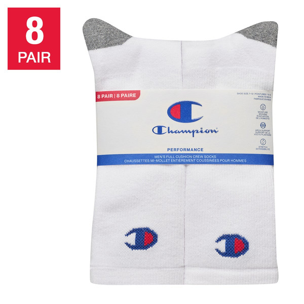 Champion Men's Crew Socks - White, 8 pairs