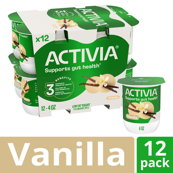 Activia Vanilla Probiotic Yogurt, Delicious Low Fat Yogurt Cups to Help Support Gut Health, 4 oz, 12 Count