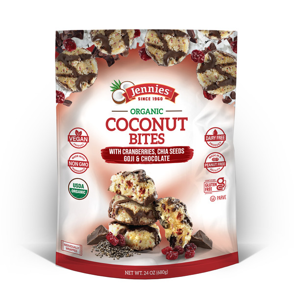 Jennies Coconut Bites with Cranberries, Chia, Goji and Dark Chocolate