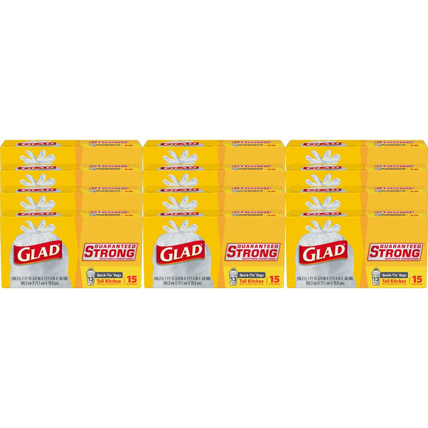 Glad Tall Kitchen Quick-Tie Trash Bags, 13 Gallon, 15 Count, Pack of 12 (00070) (Package May Vary)