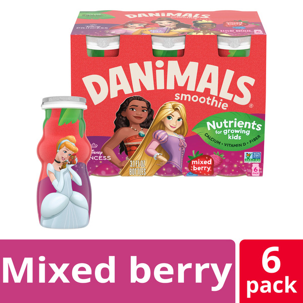 Danimals Smoothie Mixed Berry Low Fat Dairy Drink Multi-Pack, Creamy and Delicious Snacks for Kids, 6 Ct, 3.1 fl oz Smoothie Bottles