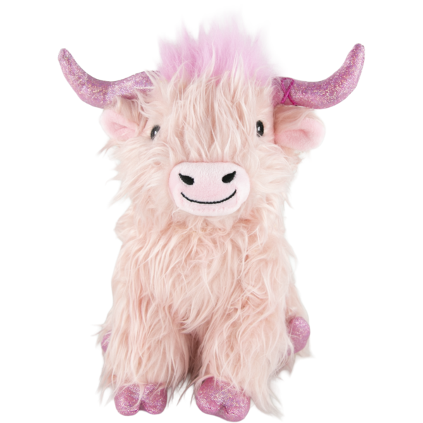 Play On Highland Cow Plush Dog Toy - Pink Ribbon