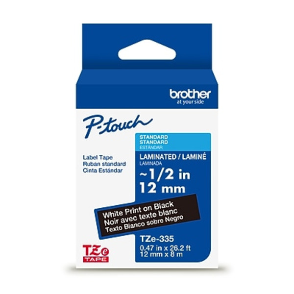 Brother TZe335 P-touch Laminated White on Black Label Tape, 0.47 in x 26.2 ft