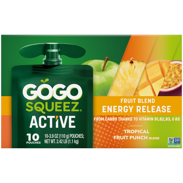 GoGo Squeez Active Energy No Sugar Added Tropical Fruit Blend Pouches, 3.9 oz (10 Pack)